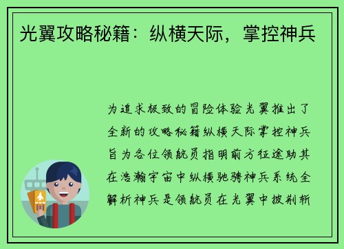 光翼攻略秘籍：纵横天际，掌控神兵