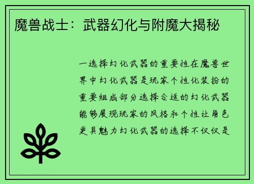 魔兽战士：武器幻化与附魔大揭秘